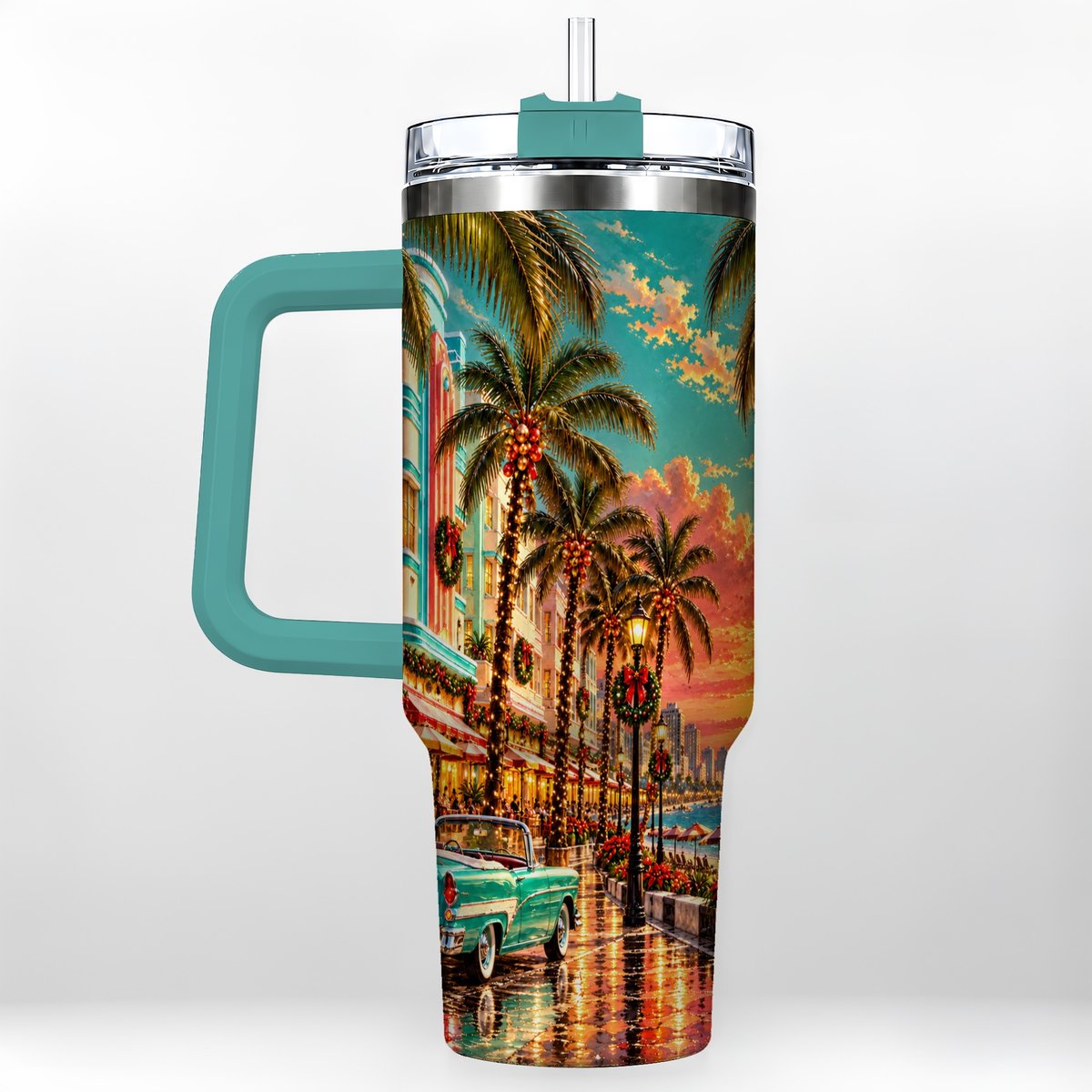 #pl[40oz|Green] Tropical Christmas 40oz Tumbler with Handle, Coastal Evening Art