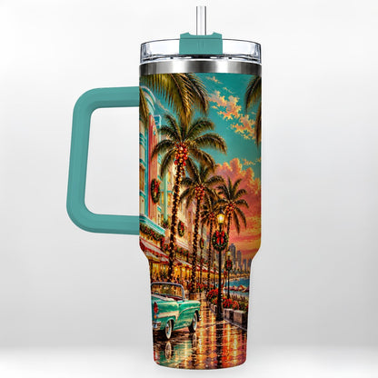 #pl[40oz|Green] Tropical Christmas 40oz Tumbler with Handle, Coastal Evening Art