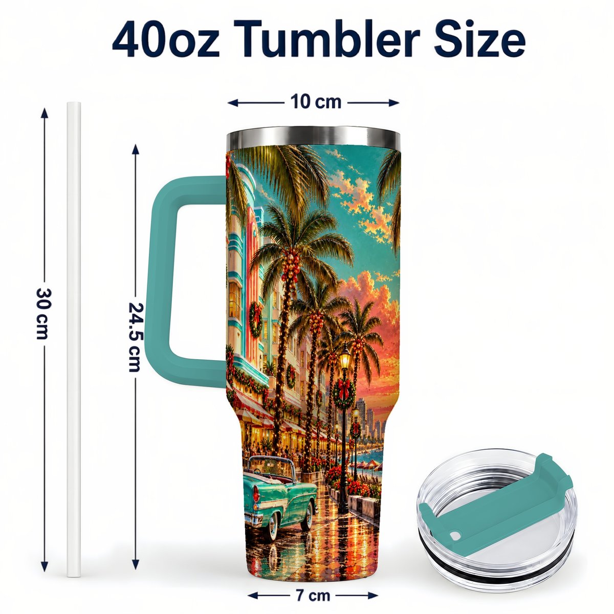 #pl[40oz|Green] Tropical Christmas 40oz Tumbler with Handle, Coastal Evening Art
