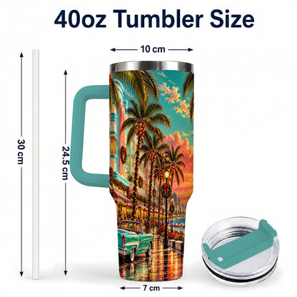 #pl[40oz|Green] Tropical Christmas 40oz Tumbler with Handle, Coastal Evening Art