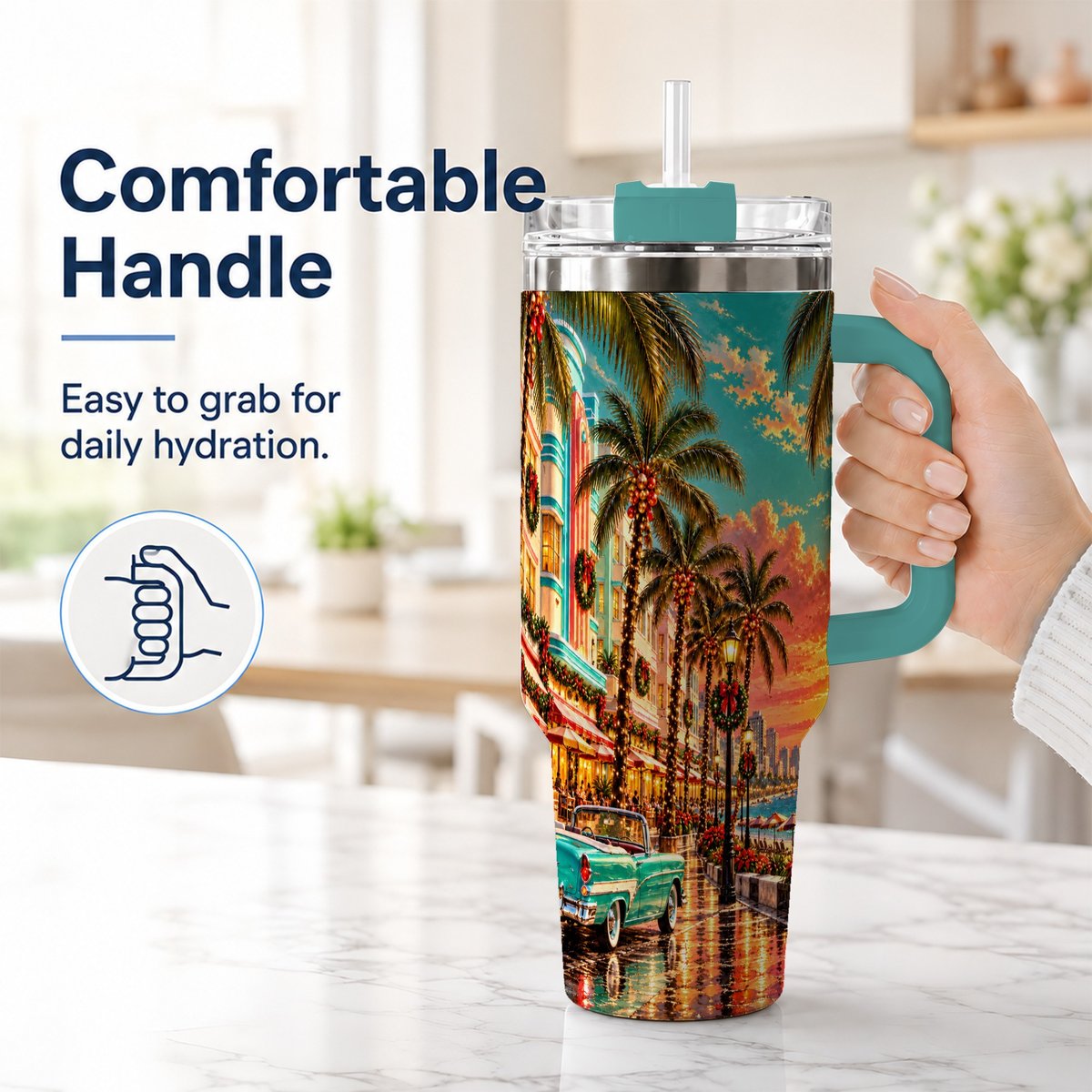 #pl[40oz|Green] Tropical Christmas 40oz Tumbler with Handle, Coastal Evening Art