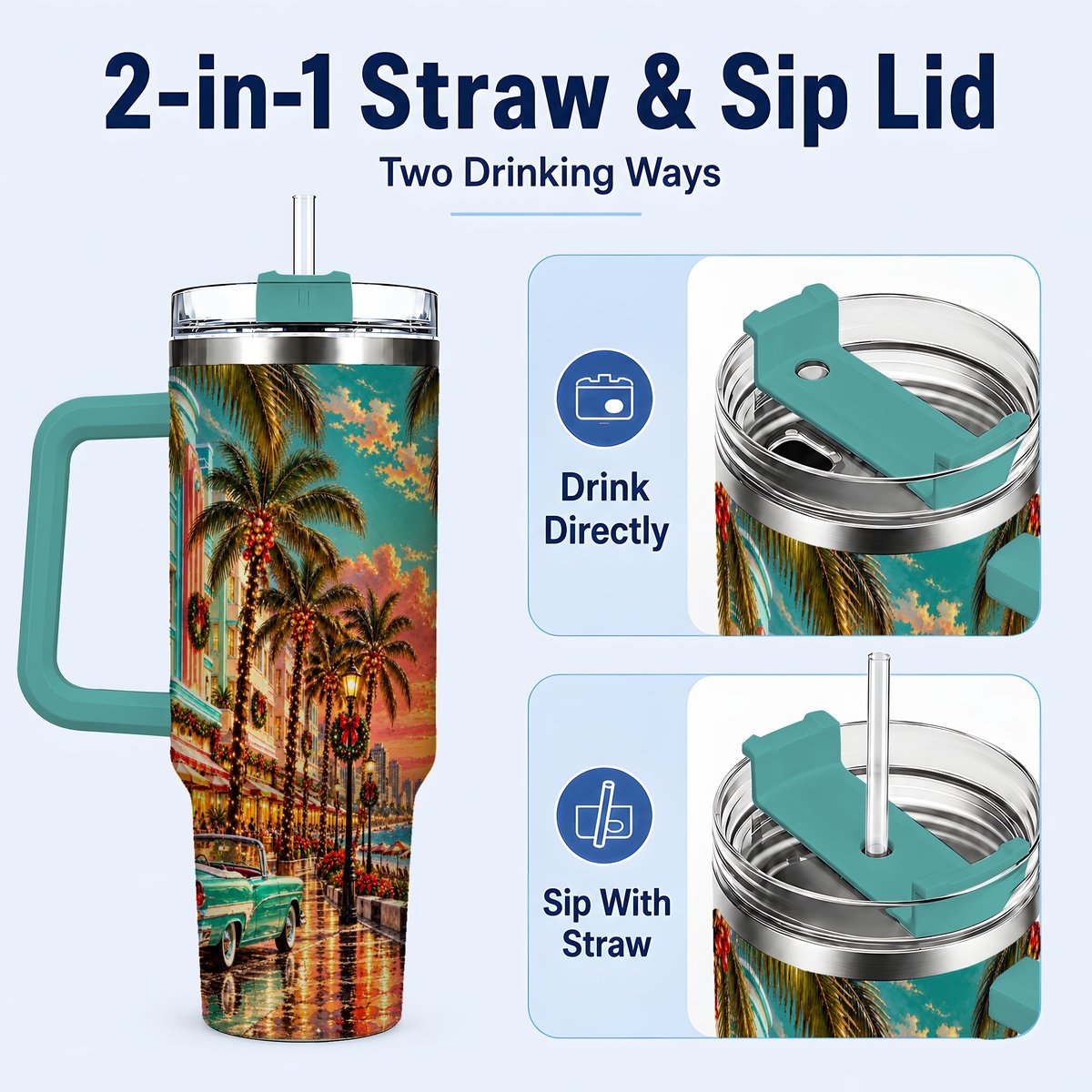 #pl[40oz|Green] Tropical Christmas 40oz Tumbler with Handle, Coastal Evening Art