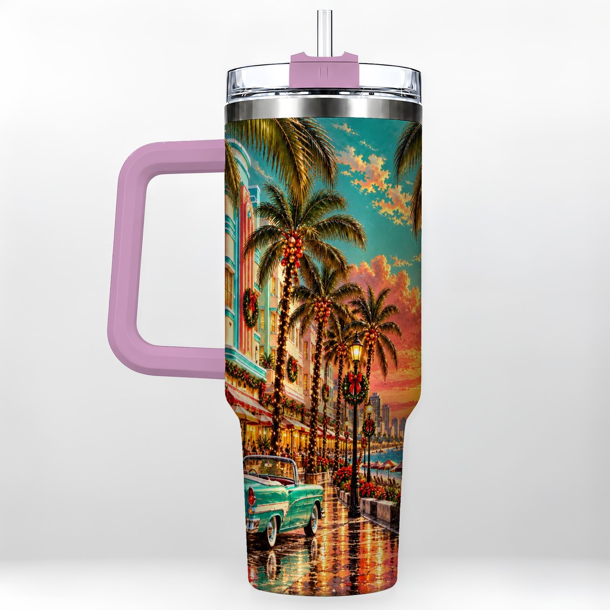 #pl[40oz|Pink] Tropical Christmas 40oz Tumbler with Handle, Coastal Evening Art