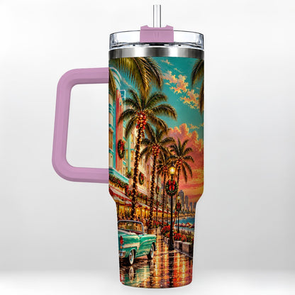 #pl[40oz|Pink] Tropical Christmas 40oz Tumbler with Handle, Coastal Evening Art