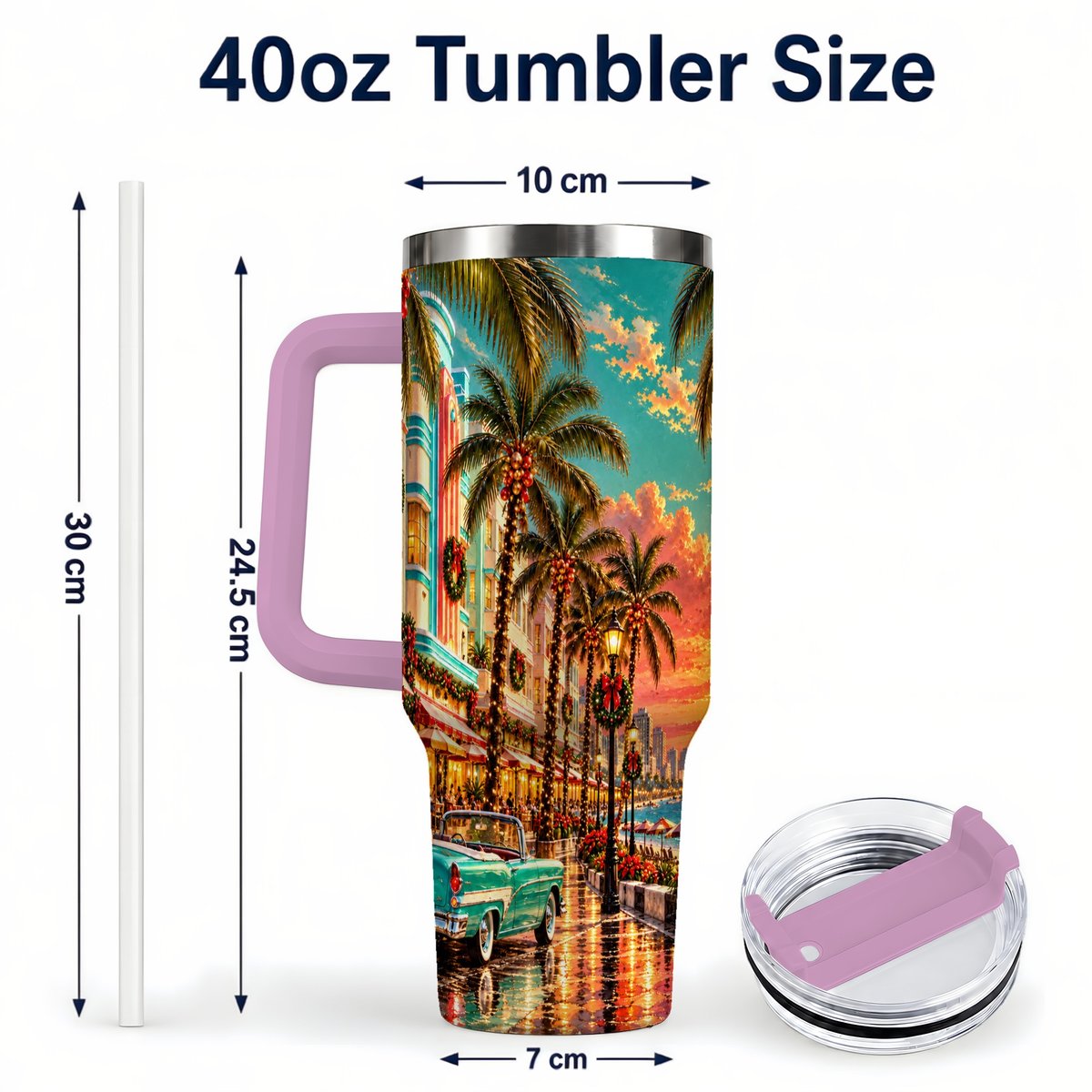 #pl[40oz|Pink] Tropical Christmas 40oz Tumbler with Handle, Coastal Evening Art