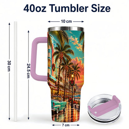 #pl[40oz|Pink] Tropical Christmas 40oz Tumbler with Handle, Coastal Evening Art