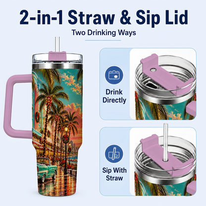 #pl[40oz|Pink] Tropical Christmas 40oz Tumbler with Handle, Coastal Evening Art