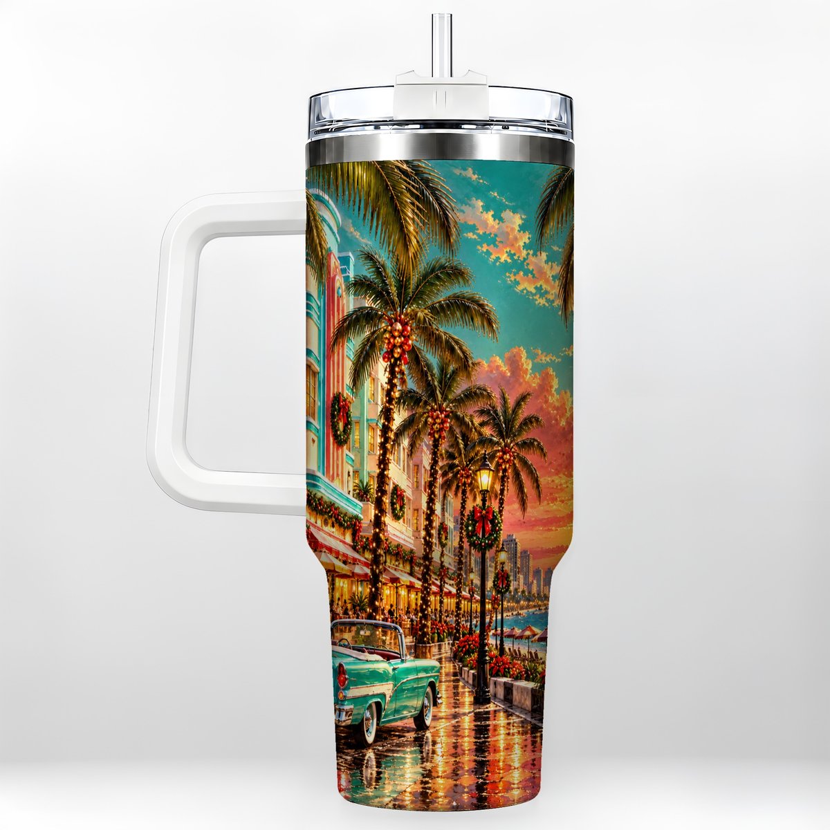 Tropical Christmas 40oz Tumbler with Handle, Coastal Evening Art