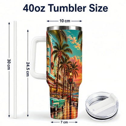 #pl[40oz|White] Tropical Christmas 40oz Tumbler with Handle, Coastal Evening Art