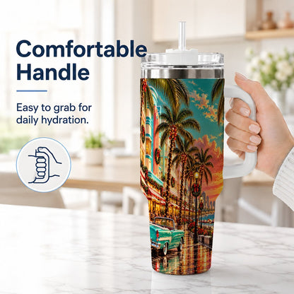 #pl[40oz|White] Tropical Christmas 40oz Tumbler with Handle, Coastal Evening Art