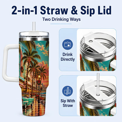 #pl[40oz|White] Tropical Christmas 40oz Tumbler with Handle, Coastal Evening Art