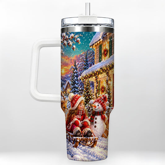 Winter Sled 40oz Tumbler with Handle, Festive Snowy Cottage Art