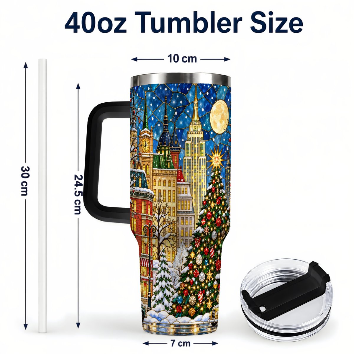 #pl[40oz|Black] Christmas City 40oz Tumbler with Handle, Stained Glass Tree Art