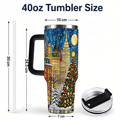#pl[40oz|Black] Christmas City 40oz Tumbler with Handle, Stained Glass Tree Art