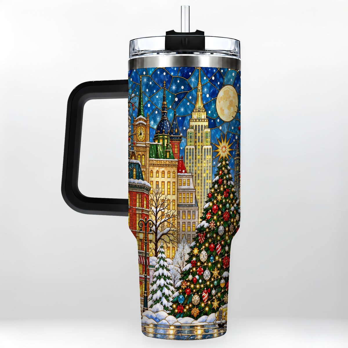 #pl[40oz|Black] Christmas City 40oz Tumbler with Handle, Stained Glass Tree Art