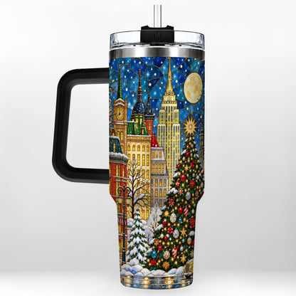 #pl[40oz|Black] Christmas City 40oz Tumbler with Handle, Stained Glass Tree Art