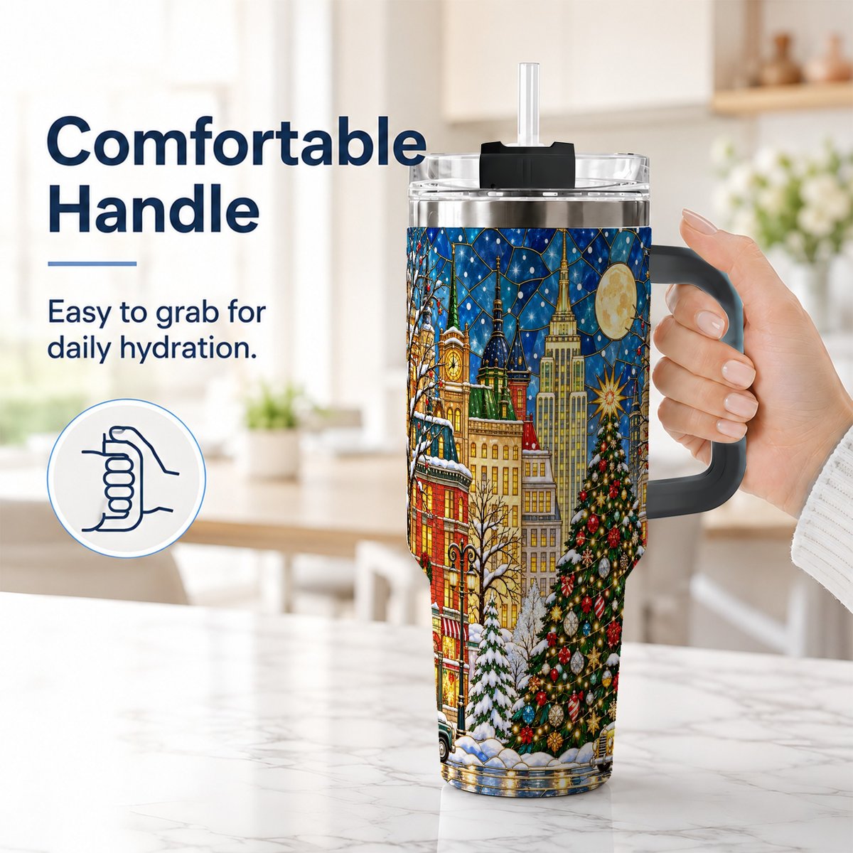 #pl[40oz|Black] Christmas City 40oz Tumbler with Handle, Stained Glass Tree Art