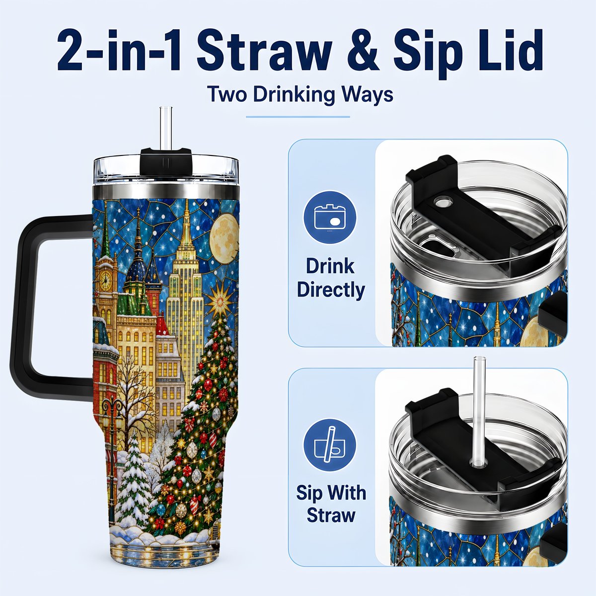 #pl[40oz|Black] Christmas City 40oz Tumbler with Handle, Stained Glass Tree Art
