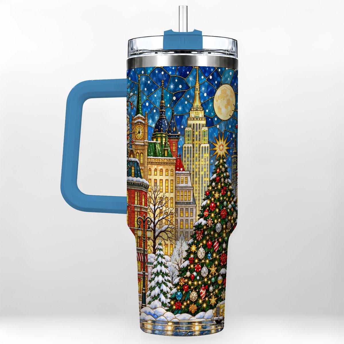 #pl[40oz|Blue] Christmas City 40oz Tumbler with Handle, Stained Glass Tree Art