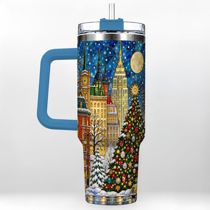 #pl[40oz|Blue] Christmas City 40oz Tumbler with Handle, Stained Glass Tree Art