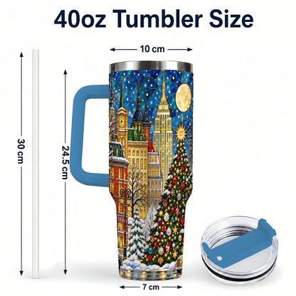 #pl[40oz|Blue] Christmas City 40oz Tumbler with Handle, Stained Glass Tree Art