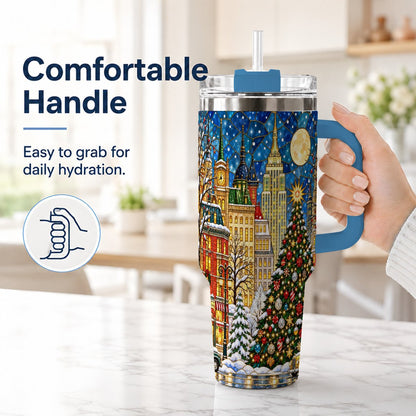 #pl[40oz|Blue] Christmas City 40oz Tumbler with Handle, Stained Glass Tree Art