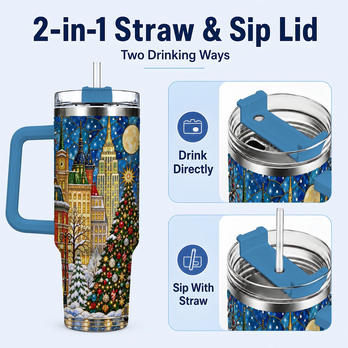 #pl[40oz|Blue] Christmas City 40oz Tumbler with Handle, Stained Glass Tree Art