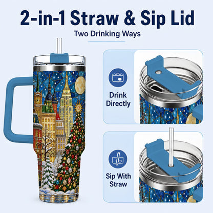#pl[40oz|Blue] Christmas City 40oz Tumbler with Handle, Stained Glass Tree Art