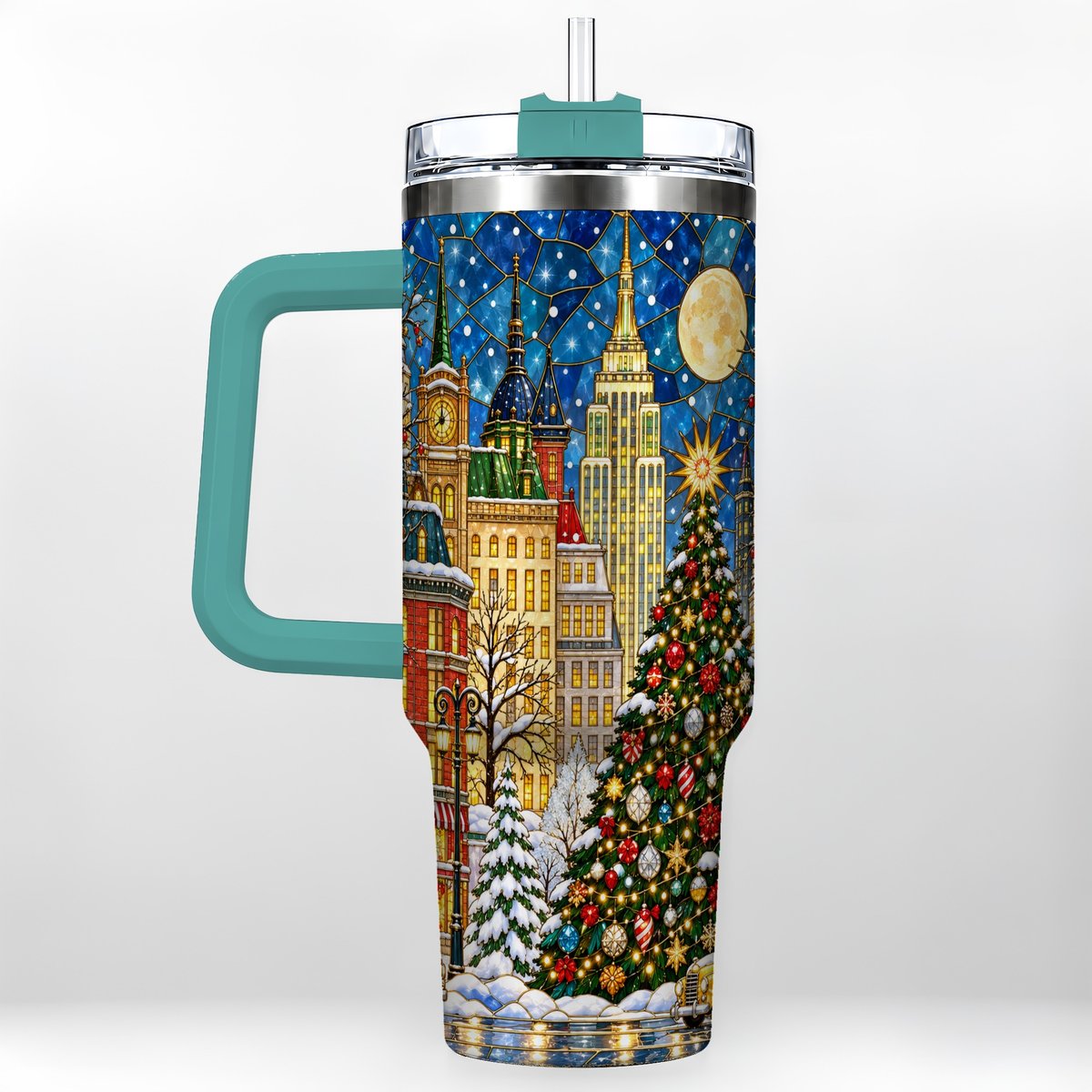 #pl[40oz|Green] Christmas City 40oz Tumbler with Handle, Stained Glass Tree Art
