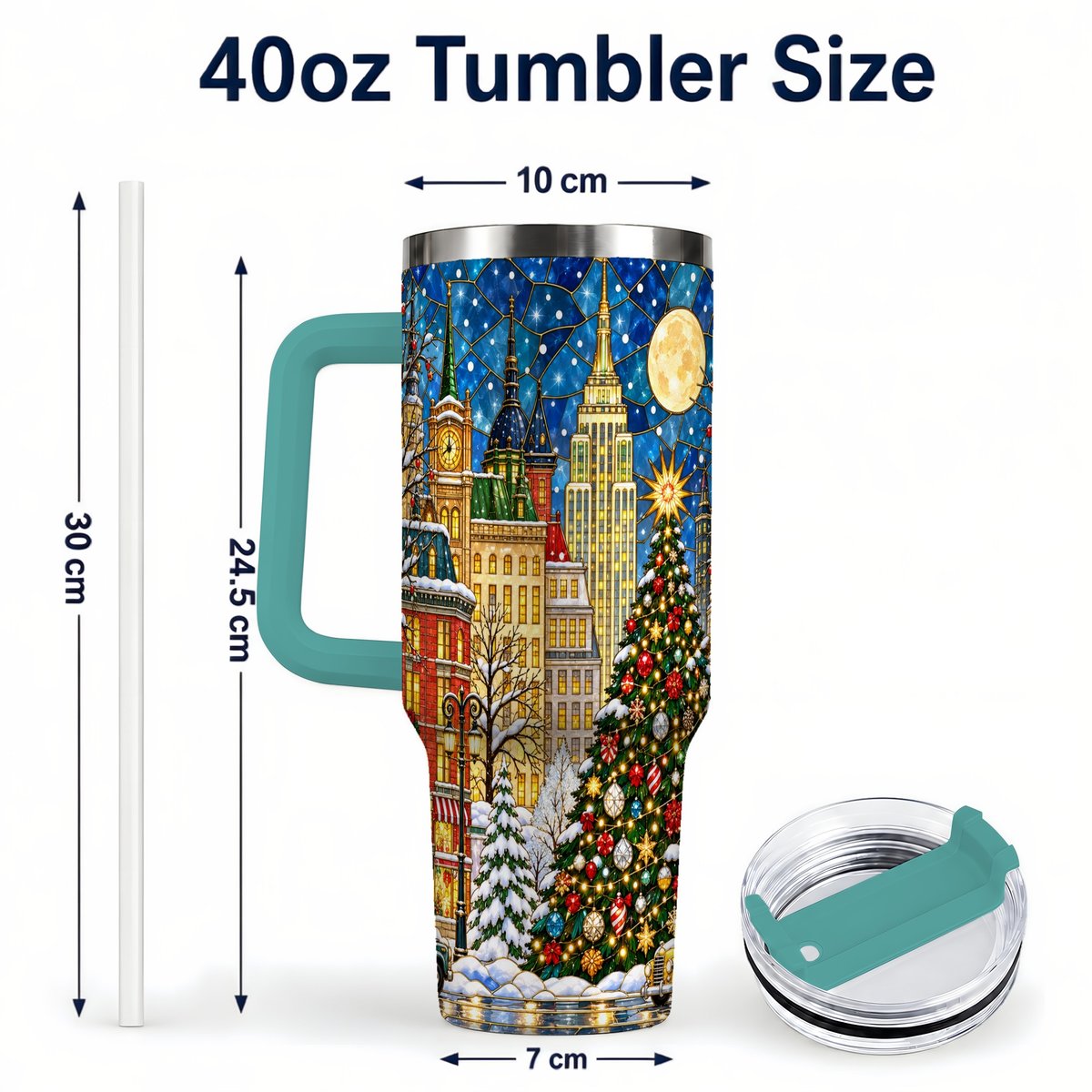 #pl[40oz|Green] Christmas City 40oz Tumbler with Handle, Stained Glass Tree Art