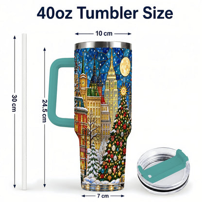 #pl[40oz|Green] Christmas City 40oz Tumbler with Handle, Stained Glass Tree Art