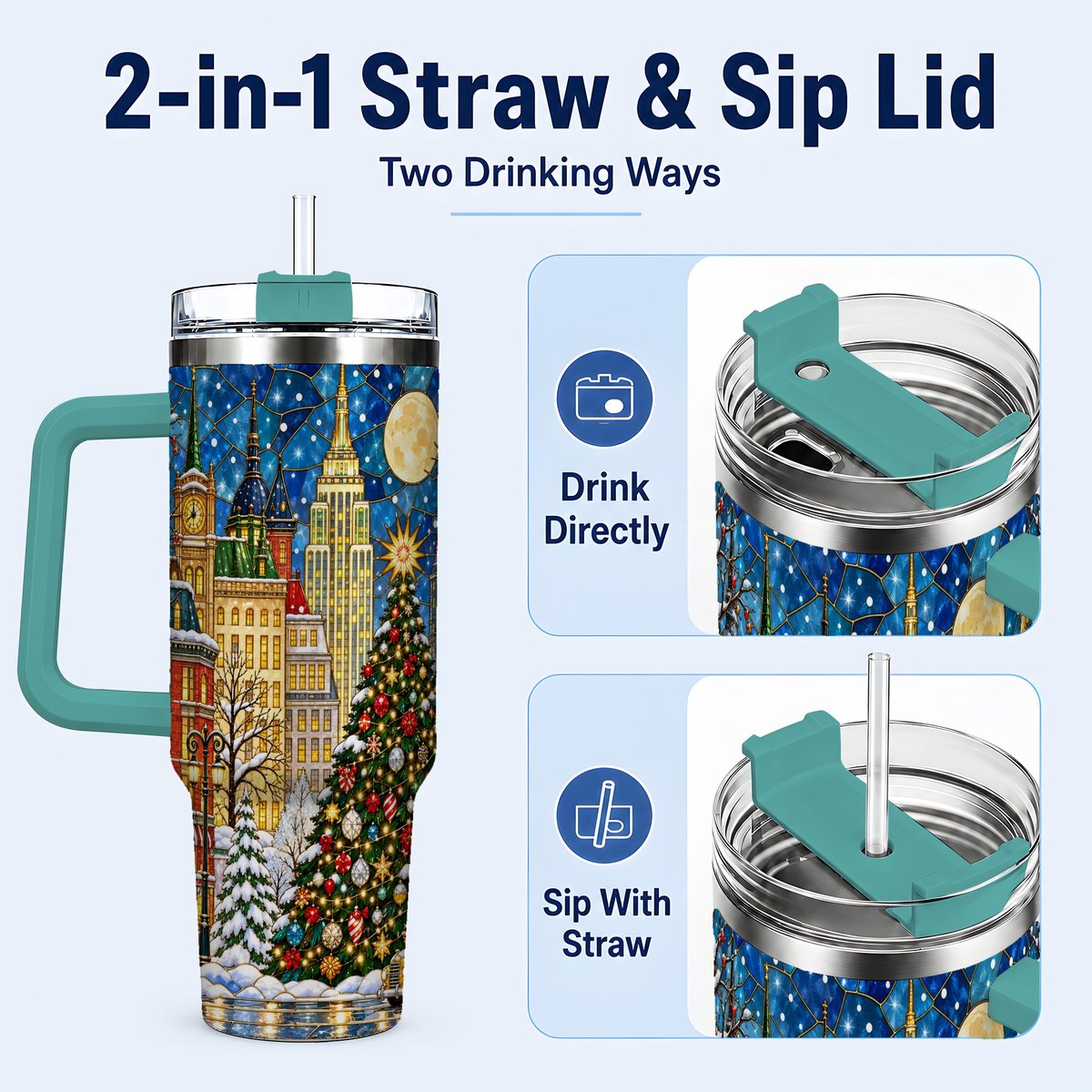 #pl[40oz|Green] Christmas City 40oz Tumbler with Handle, Stained Glass Tree Art