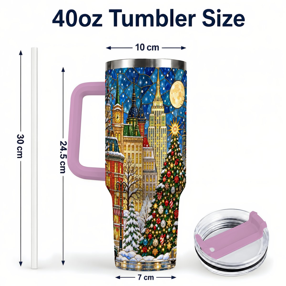 #pl[40oz|Pink] Christmas City 40oz Tumbler with Handle, Stained Glass Tree Art