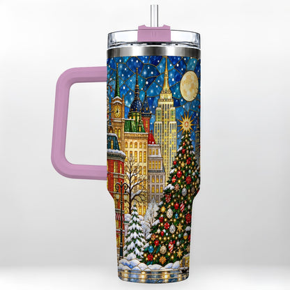 #pl[40oz|Pink] Christmas City 40oz Tumbler with Handle, Stained Glass Tree Art