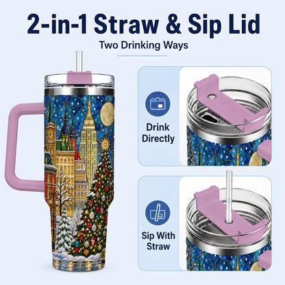 #pl[40oz|Pink] Christmas City 40oz Tumbler with Handle, Stained Glass Tree Art