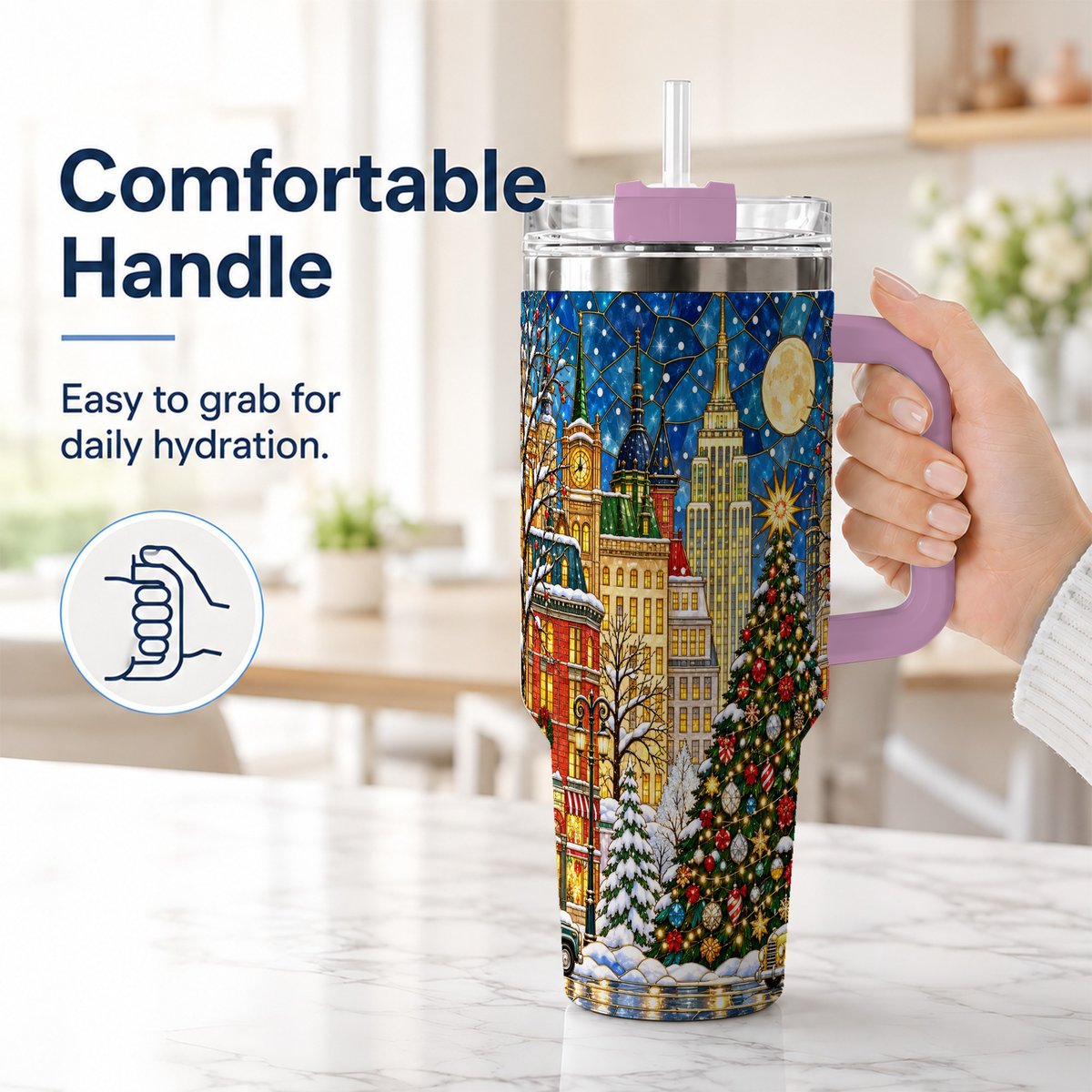 #pl[40oz|Pink] Christmas City 40oz Tumbler with Handle, Stained Glass Tree Art