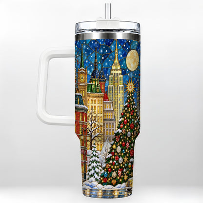 Christmas City 40oz Tumbler with Handle, Stained Glass Tree Art