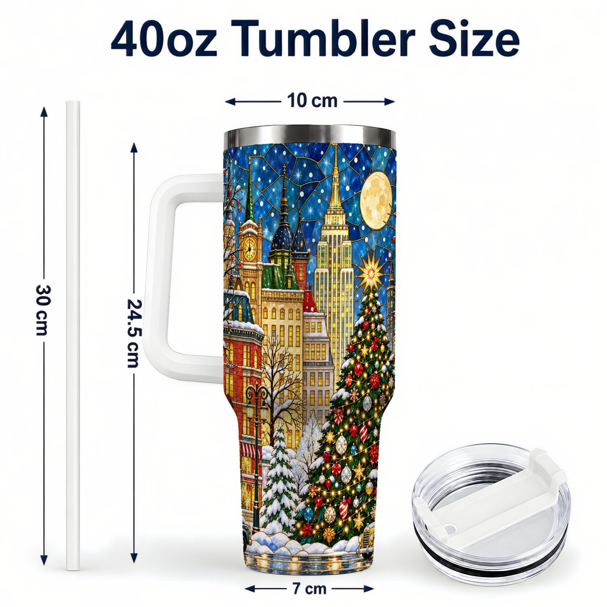 #pl[40oz|White] Christmas City 40oz Tumbler with Handle, Stained Glass Tree Art