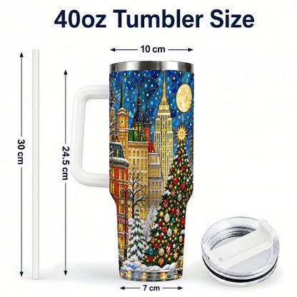 #pl[40oz|White] Christmas City 40oz Tumbler with Handle, Stained Glass Tree Art