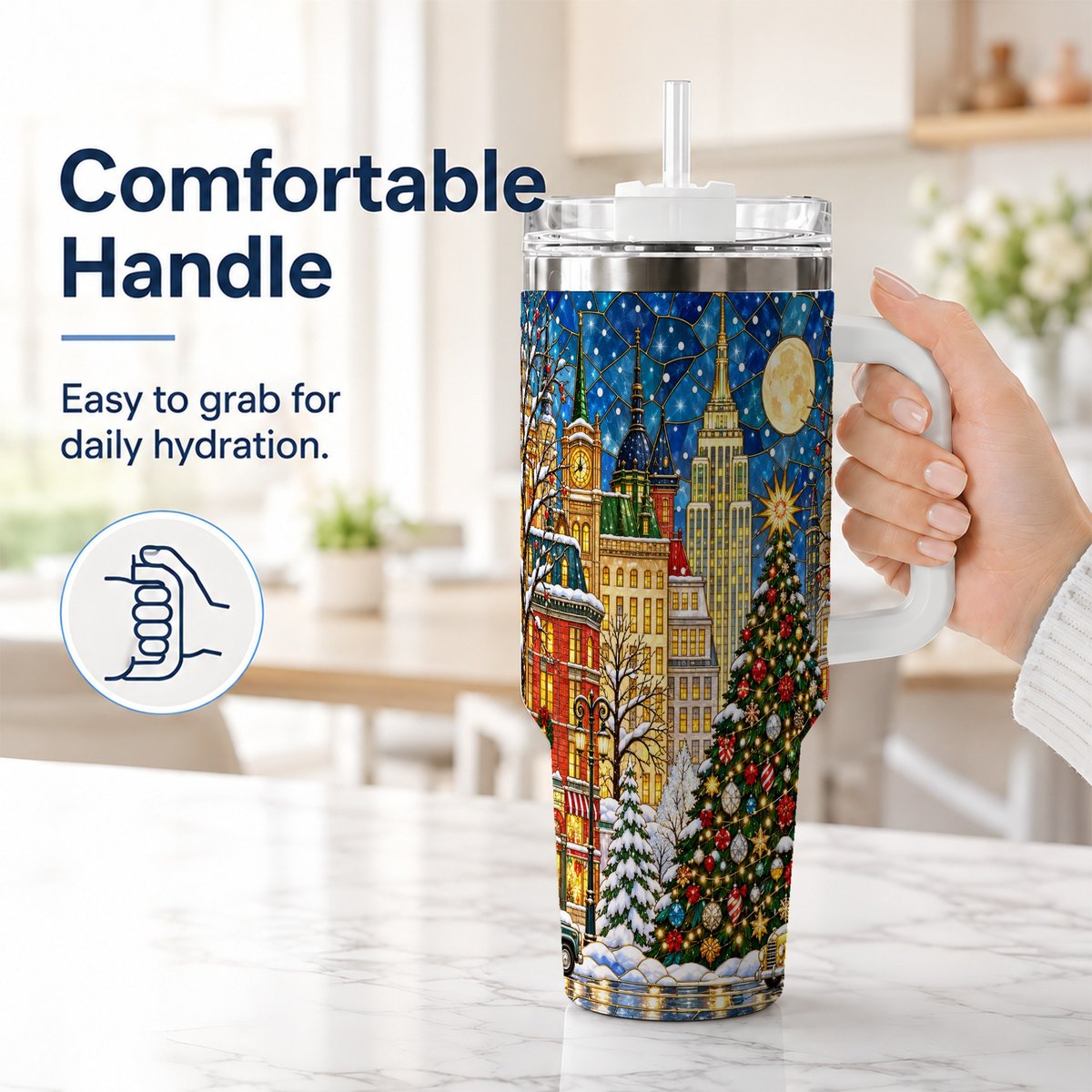 #pl[40oz|White] Christmas City 40oz Tumbler with Handle, Stained Glass Tree Art