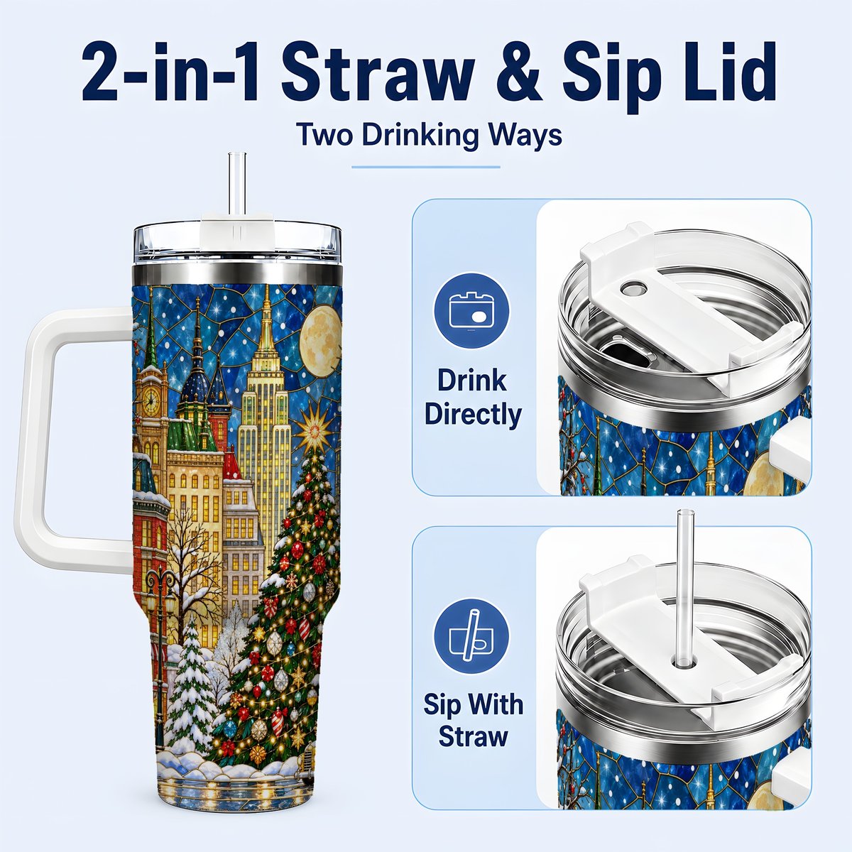 #pl[40oz|White] Christmas City 40oz Tumbler with Handle, Stained Glass Tree Art