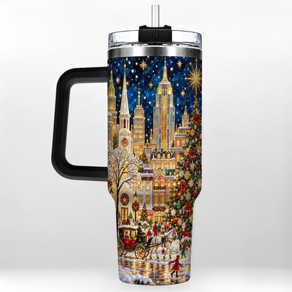 #pl[40oz|Black] Vintage Christmas 40oz Tumbler with Handle, Snowy City Tree Art