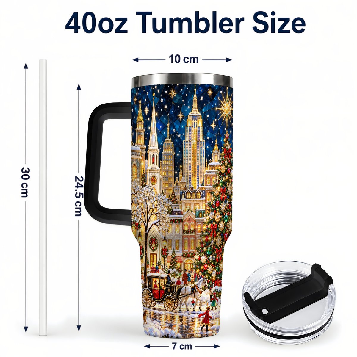 #pl[40oz|Black] Vintage Christmas 40oz Tumbler with Handle, Snowy City Tree Art