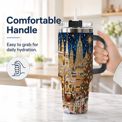 #pl[40oz|Black] Vintage Christmas 40oz Tumbler with Handle, Snowy City Tree Art