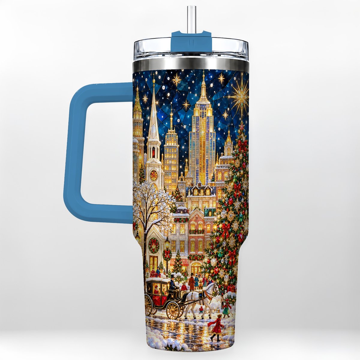 #pl[40oz|Blue] Vintage Christmas 40oz Tumbler with Handle, Snowy City Tree Art