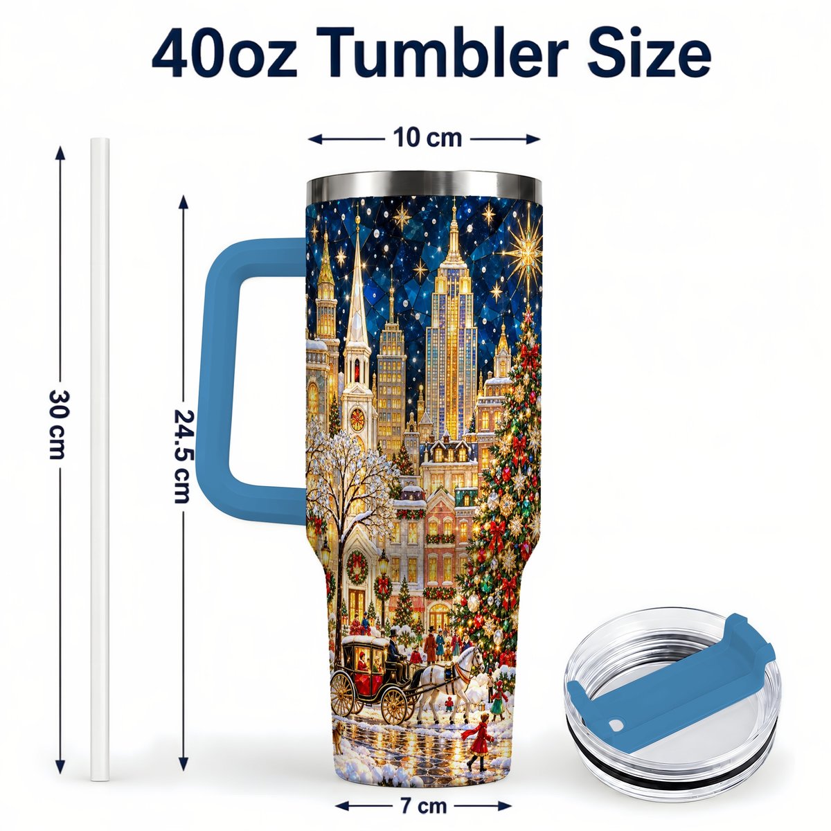 #pl[40oz|Blue] Vintage Christmas 40oz Tumbler with Handle, Snowy City Tree Art