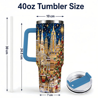 #pl[40oz|Blue] Vintage Christmas 40oz Tumbler with Handle, Snowy City Tree Art