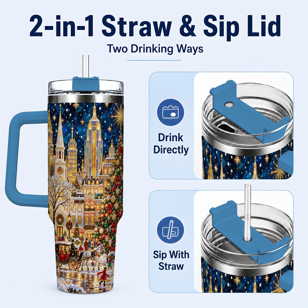 #pl[40oz|Blue] Vintage Christmas 40oz Tumbler with Handle, Snowy City Tree Art