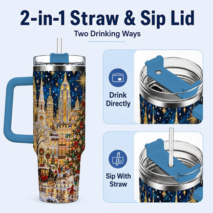 #pl[40oz|Blue] Vintage Christmas 40oz Tumbler with Handle, Snowy City Tree Art