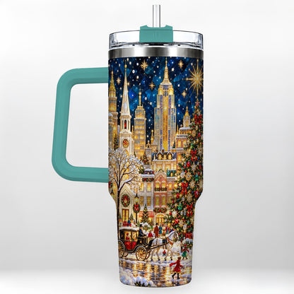 #pl[40oz|Green] Vintage Christmas 40oz Tumbler with Handle, Snowy City Tree Art